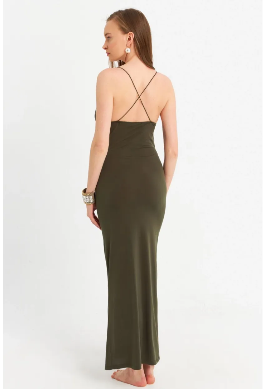 Kadın Haki Degaje Yaka Askılı Maxi Elbise DMR289