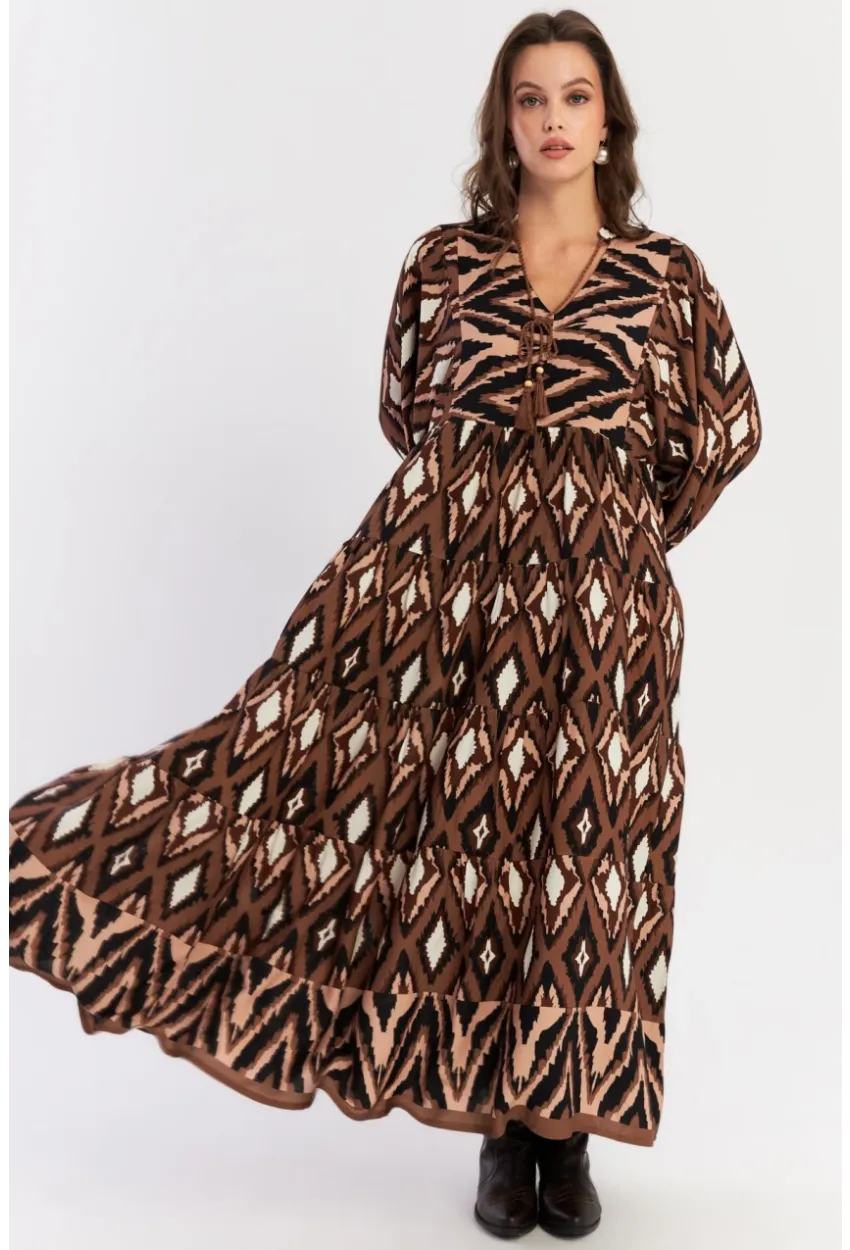 Kadın Haki Desenli Dokuma Maxi Elbise ALO235