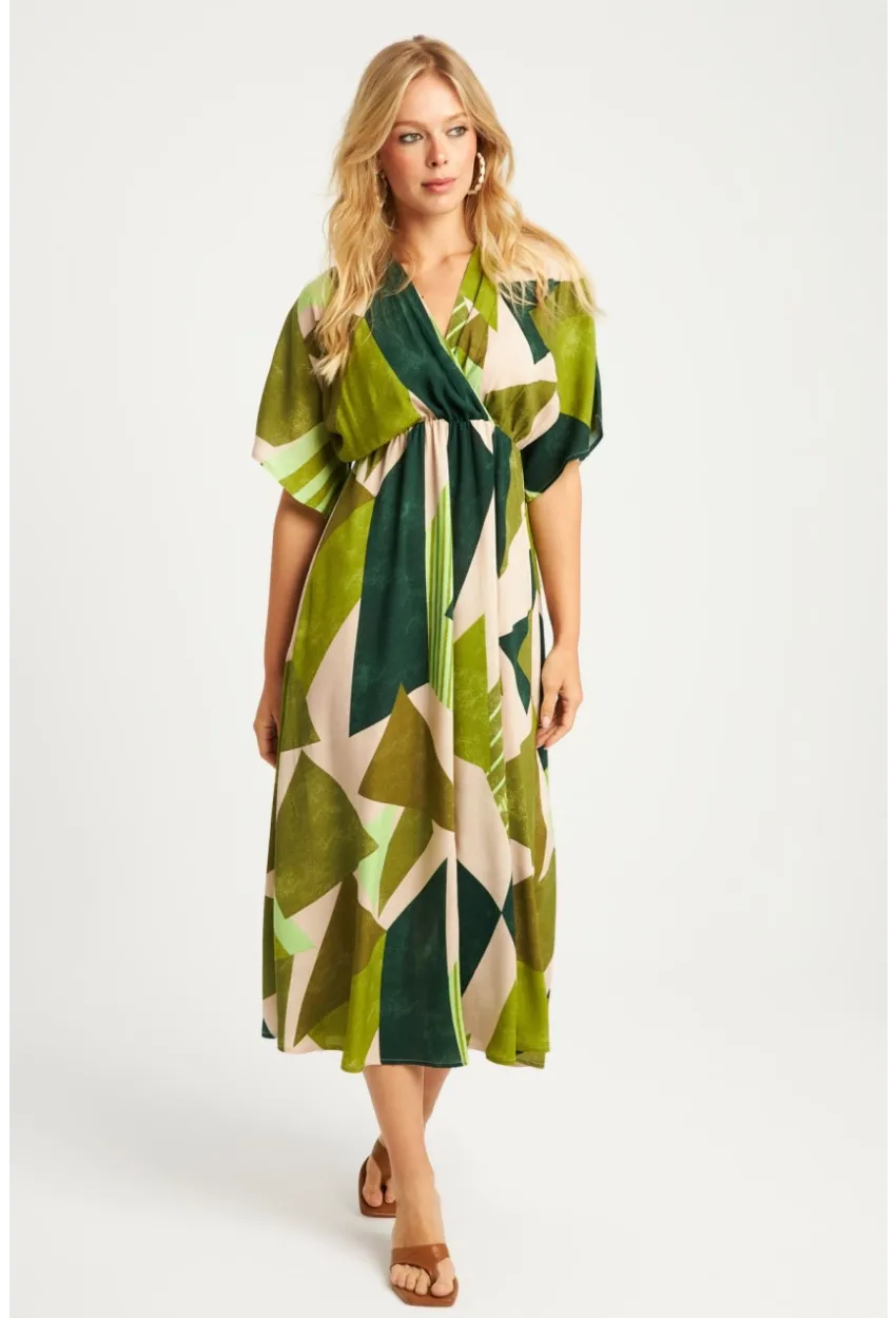 Kadın Haki Desenli Kruvaze Midi Elbise HT108