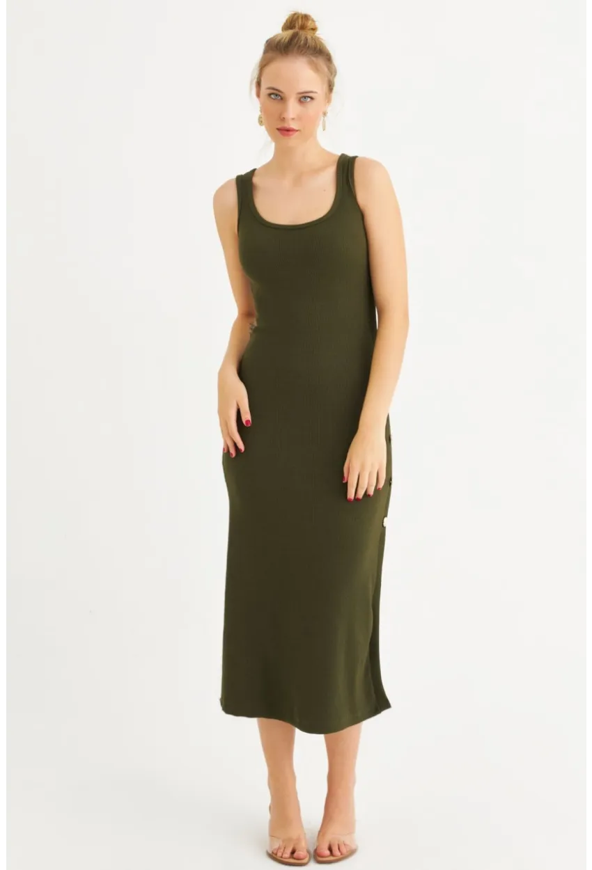 Kadın Haki Düğme Detaylı Kaşkorse Midi Elbise EY2837