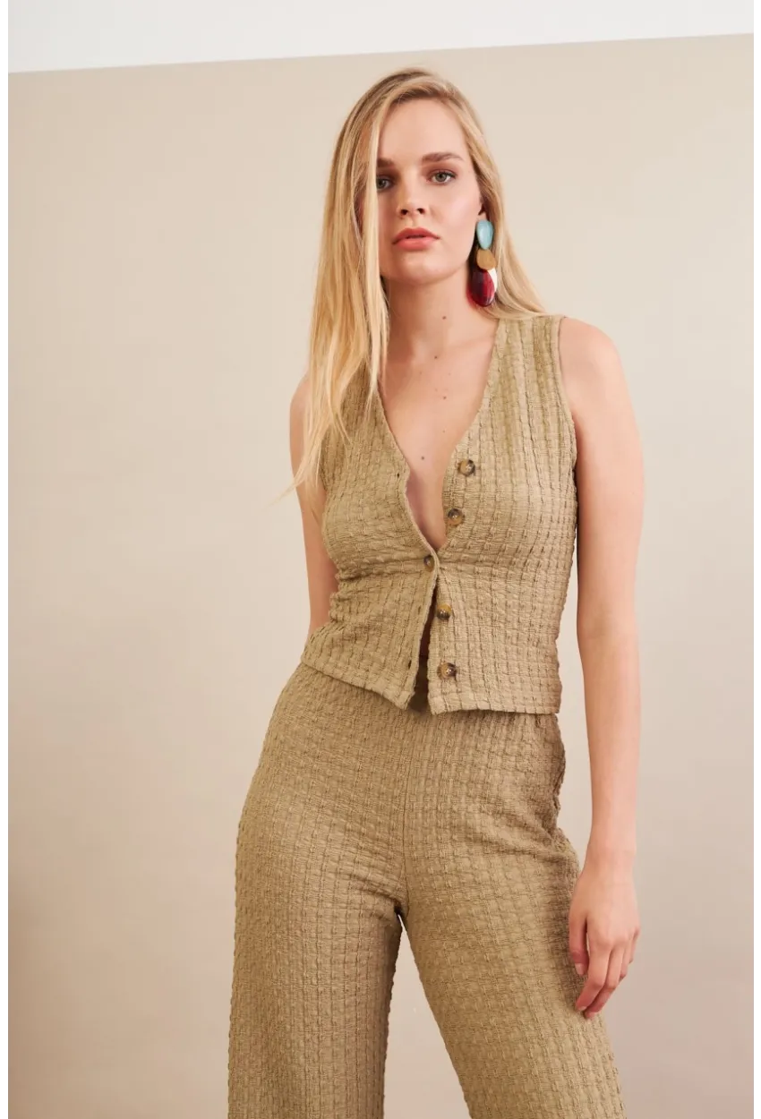 Kadın Haki Gofre Yelek Pantalon Takım FLU330