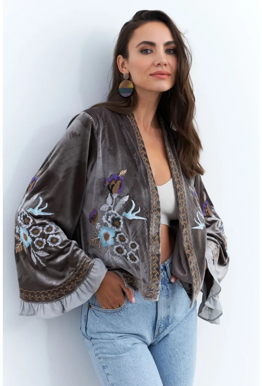 Kadın Haki İspanyol Kol Nakışlı Kadife Ceket QS5577