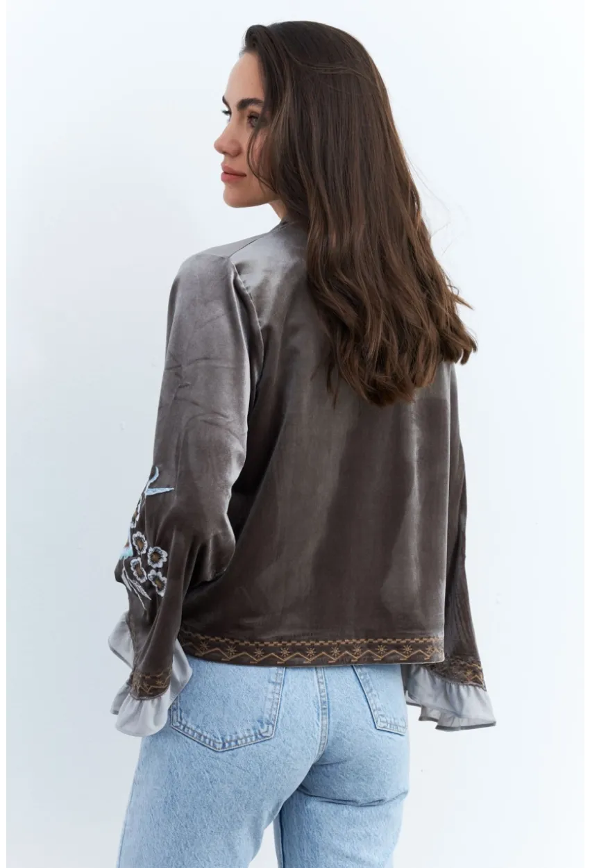 Kadın Haki İspanyol Kol Nakışlı Kadife Ceket QS5577