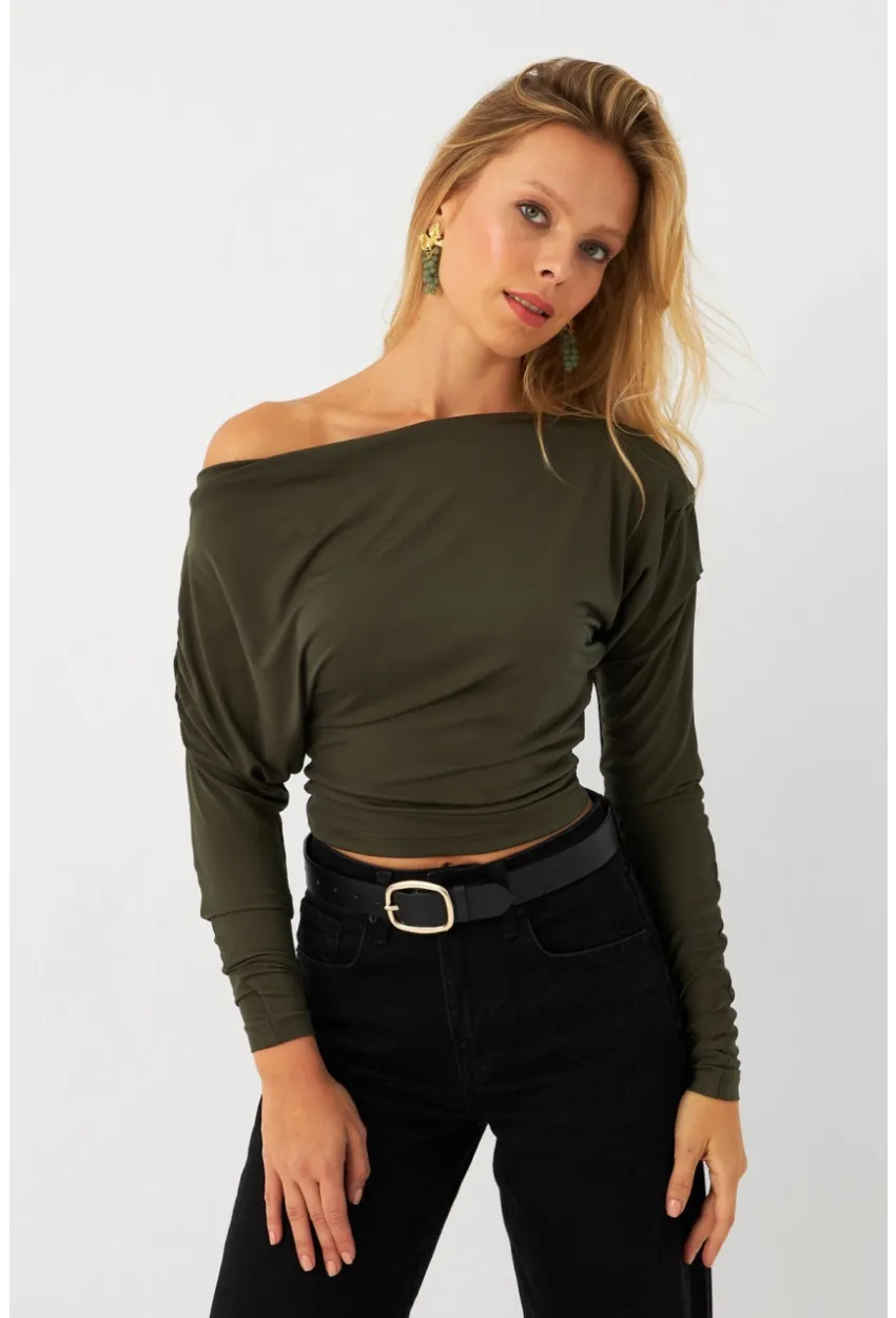 Kadın Haki Kayık Yaka Bluz DMR382-1