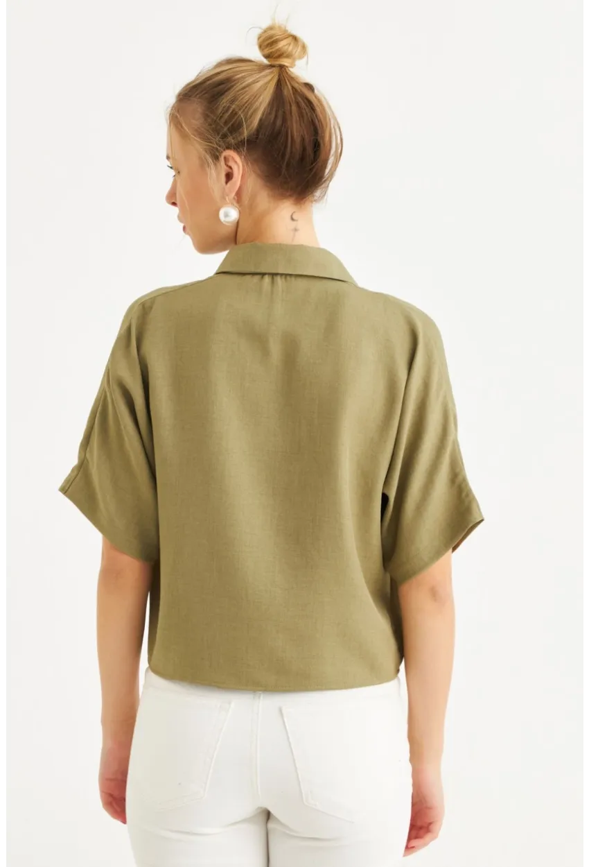 Kadın Haki Kısa Kollu Crop Gömlek CNG117