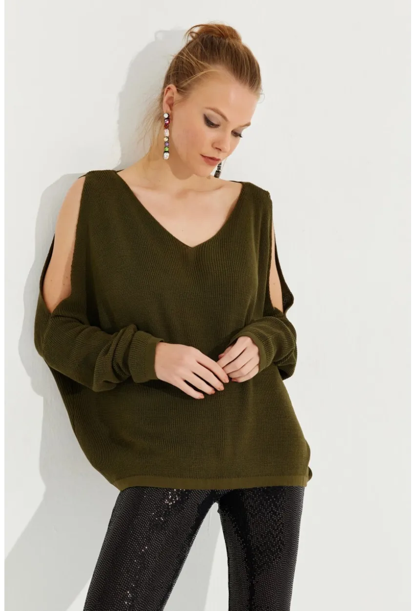 Kadın Haki Kolu Yırtmaçlı Triko Bluz SMT221