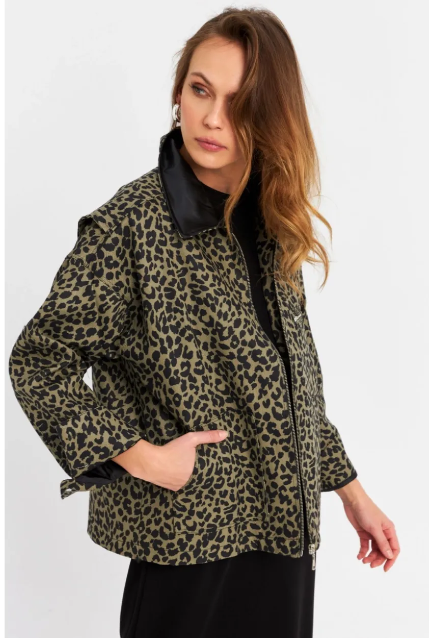 Kadın Haki Leopar Denim Ceket MELT1174