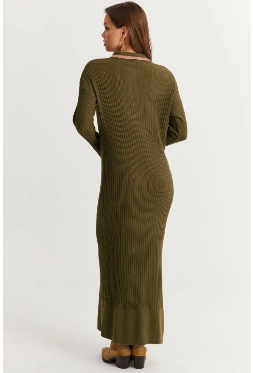 Kadın Haki Polo Yaka Triko Maxi Elbise MNUV17