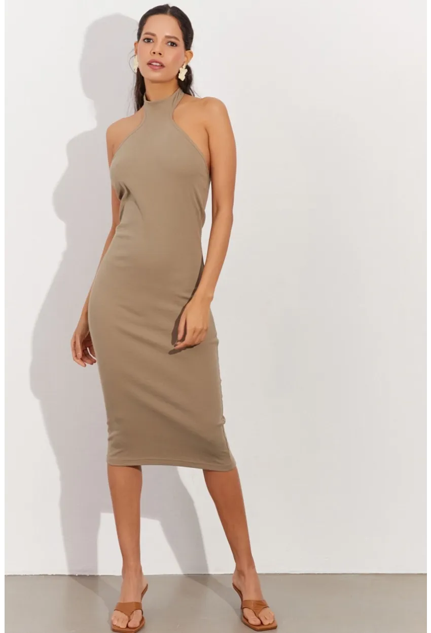 Kadın Haki Sırtı Açık Halter Midi Elbise OW138