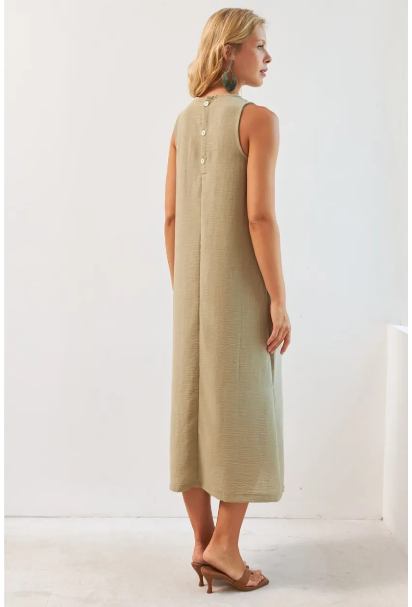 Kadın Haki Sırtı Düğmeli Midi Keten Elbise DMR353