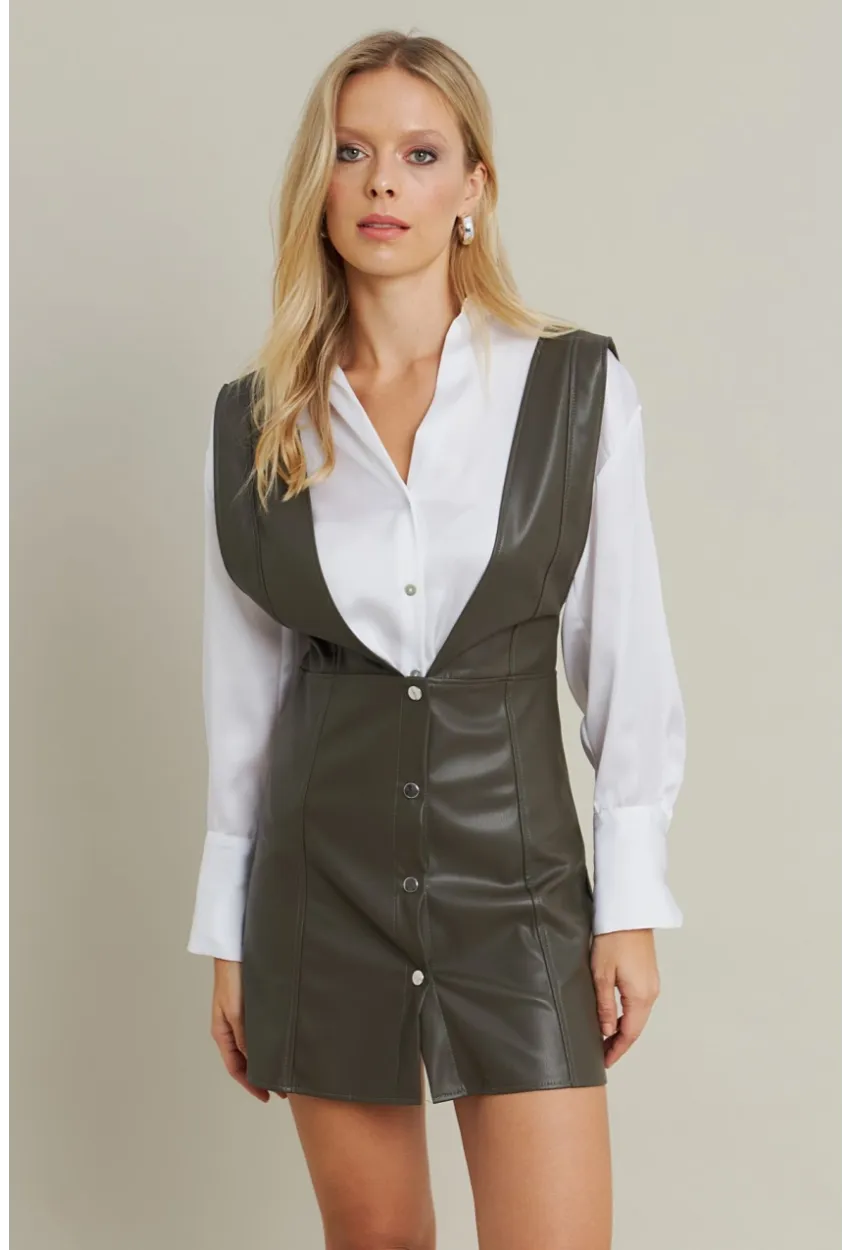 Kadın Haki Suni Deri Mini Elbise NH796