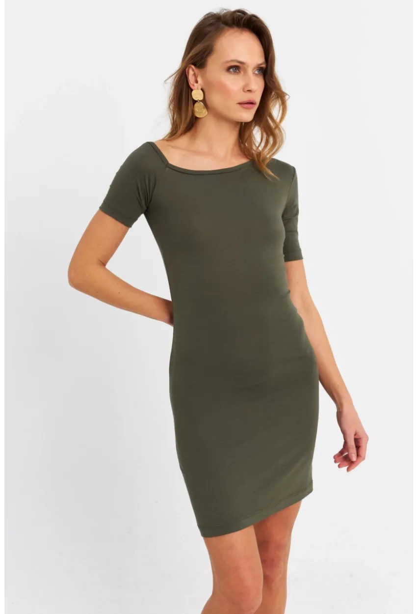 Kadın Haki Tek Omuz Açık Mini Elbise EY3079