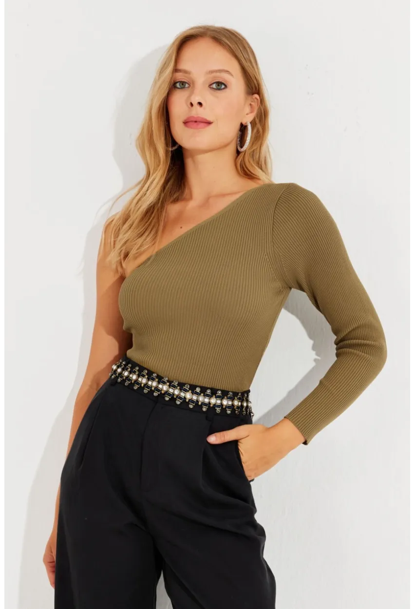 Kadın Haki Tek Omuz Triko Bluz YV204