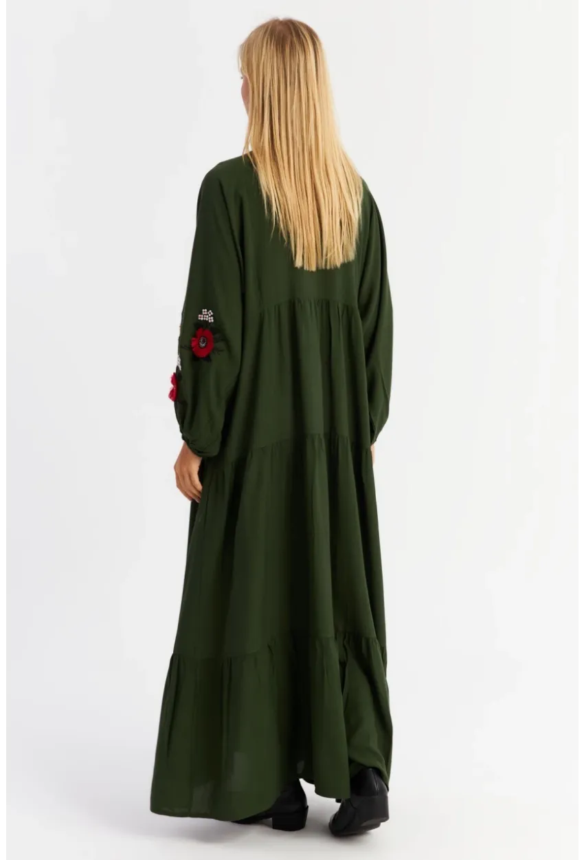 Kadın Haki Volanlı Maxi Elbise MALO9