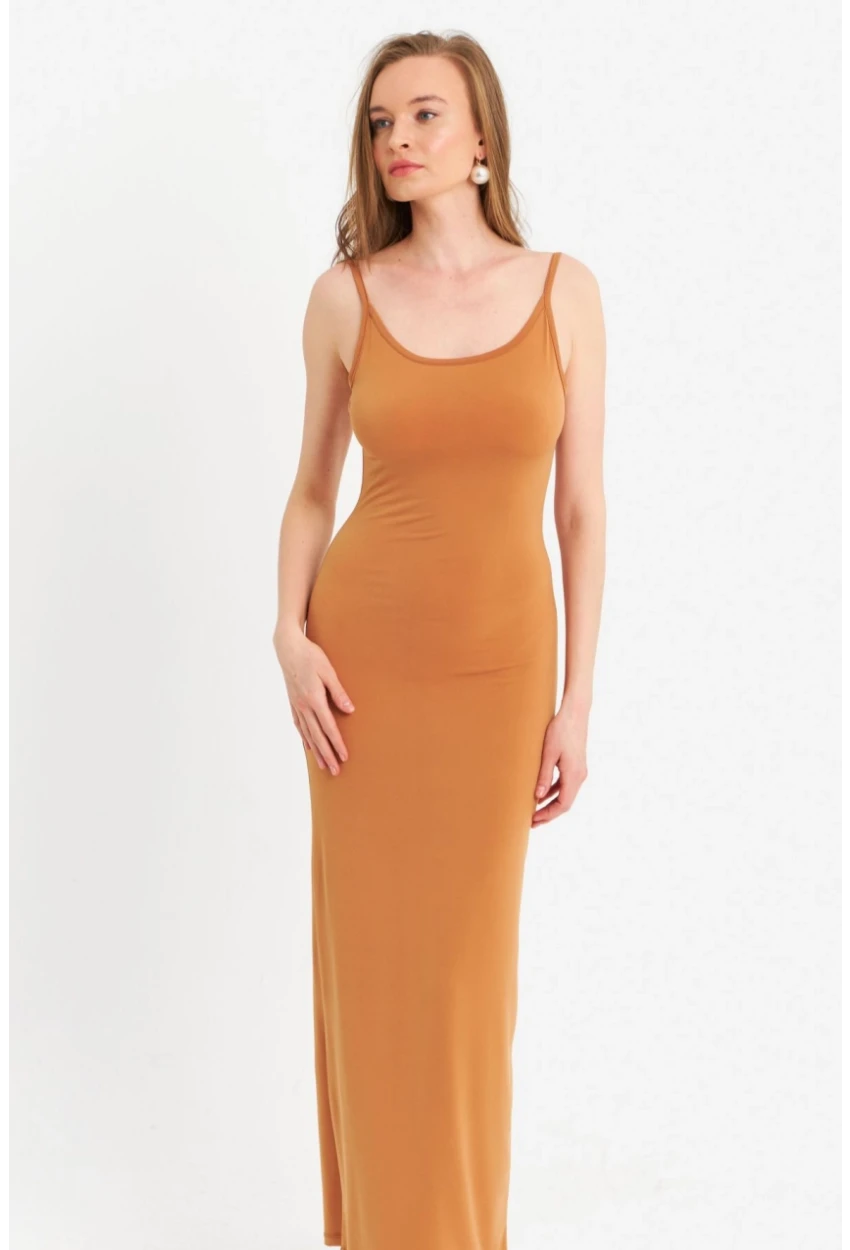 Kadın Hardal Ayarlanabilir Askılı Maxi Elbise MEN2004