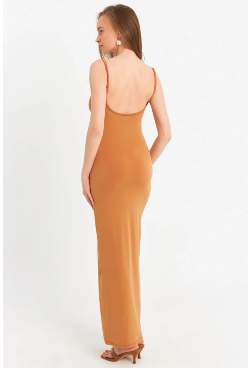Kadın Hardal Ayarlanabilir Askılı Maxi Elbise MEN2004