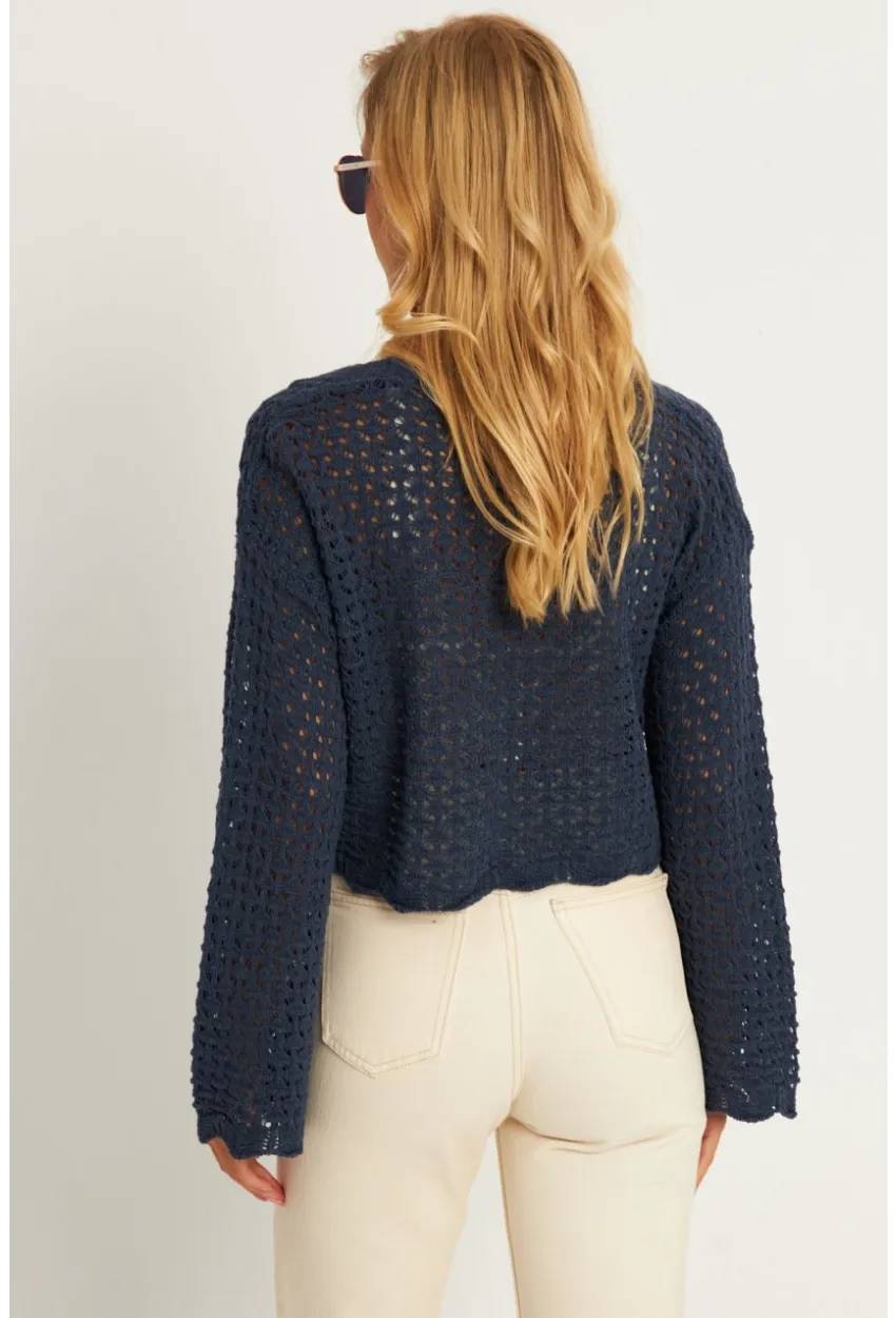 Kadın İndigo Ajurlu Triko Hırka YV248