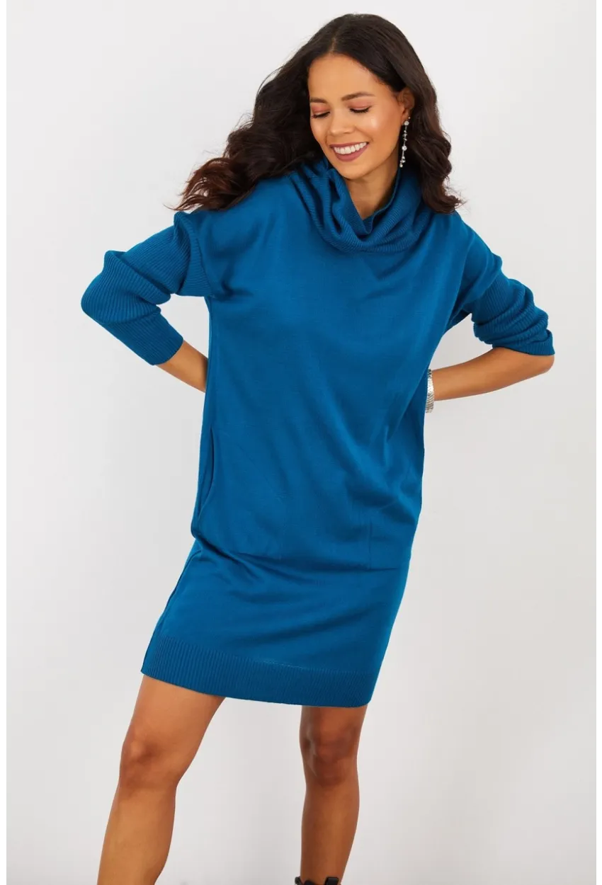 Kadın İndigo Degaje Yaka Triko Mini Elbise YV73