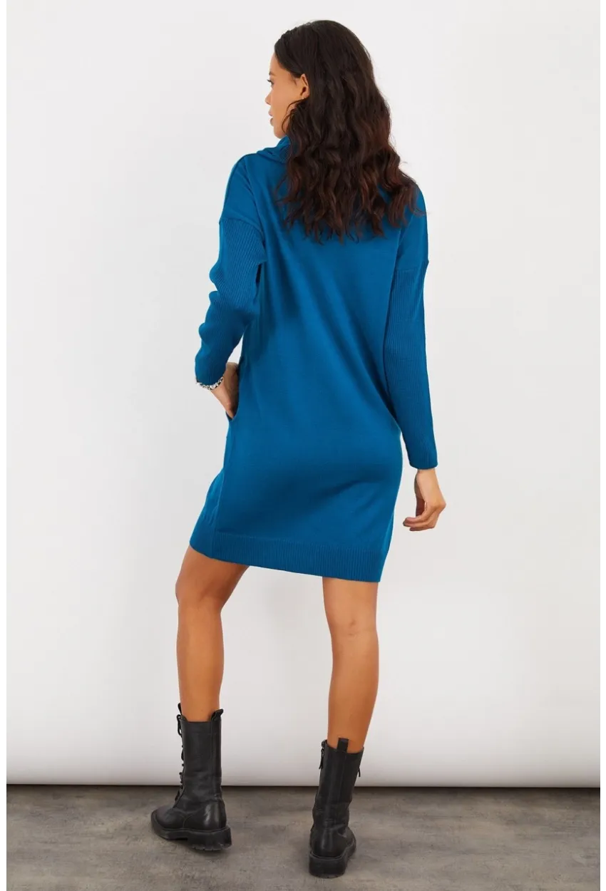 Kadın İndigo Degaje Yaka Triko Mini Elbise YV73