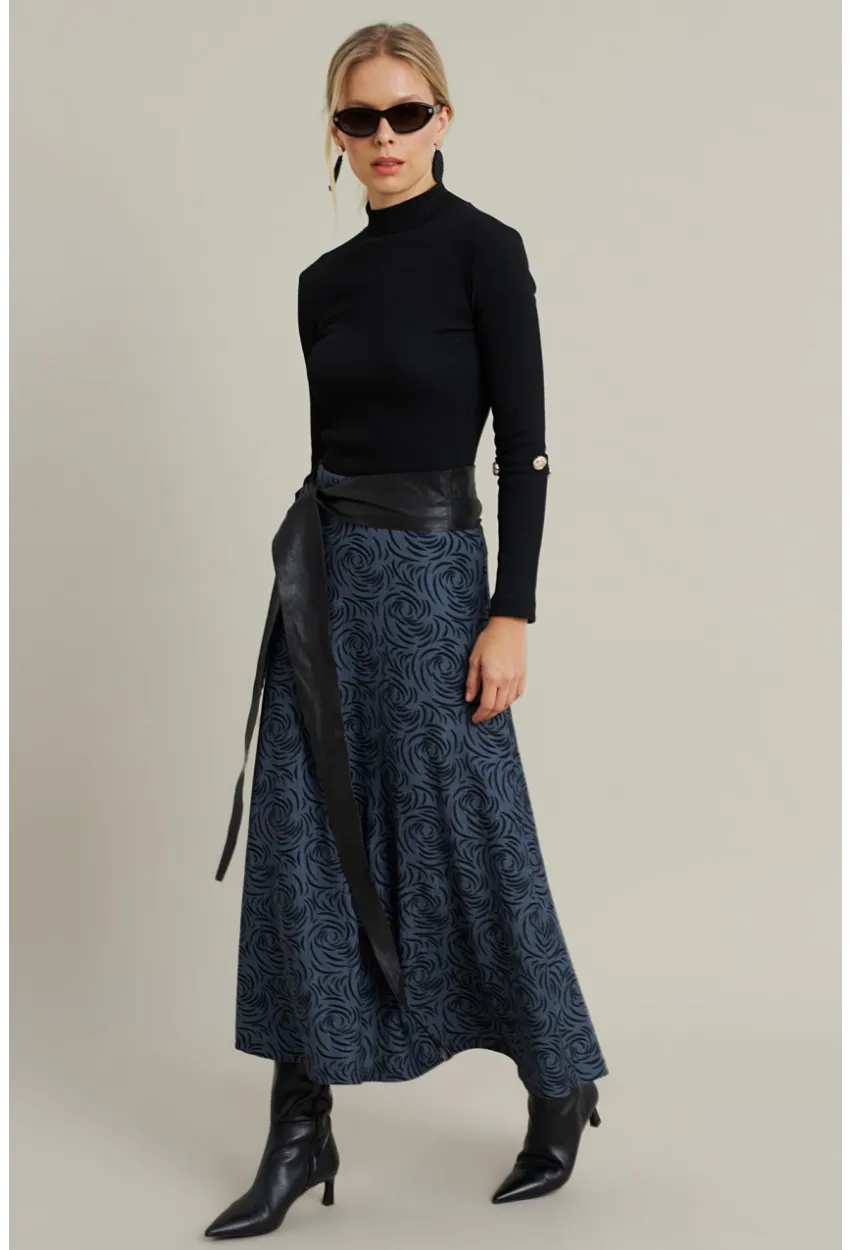 Kadın İndigo Desenli Çan Etek LON3007