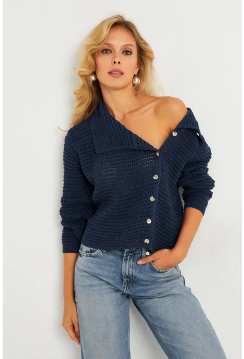 Kadın İndigo Geniş Yakalı Triko Hırka MİW4571