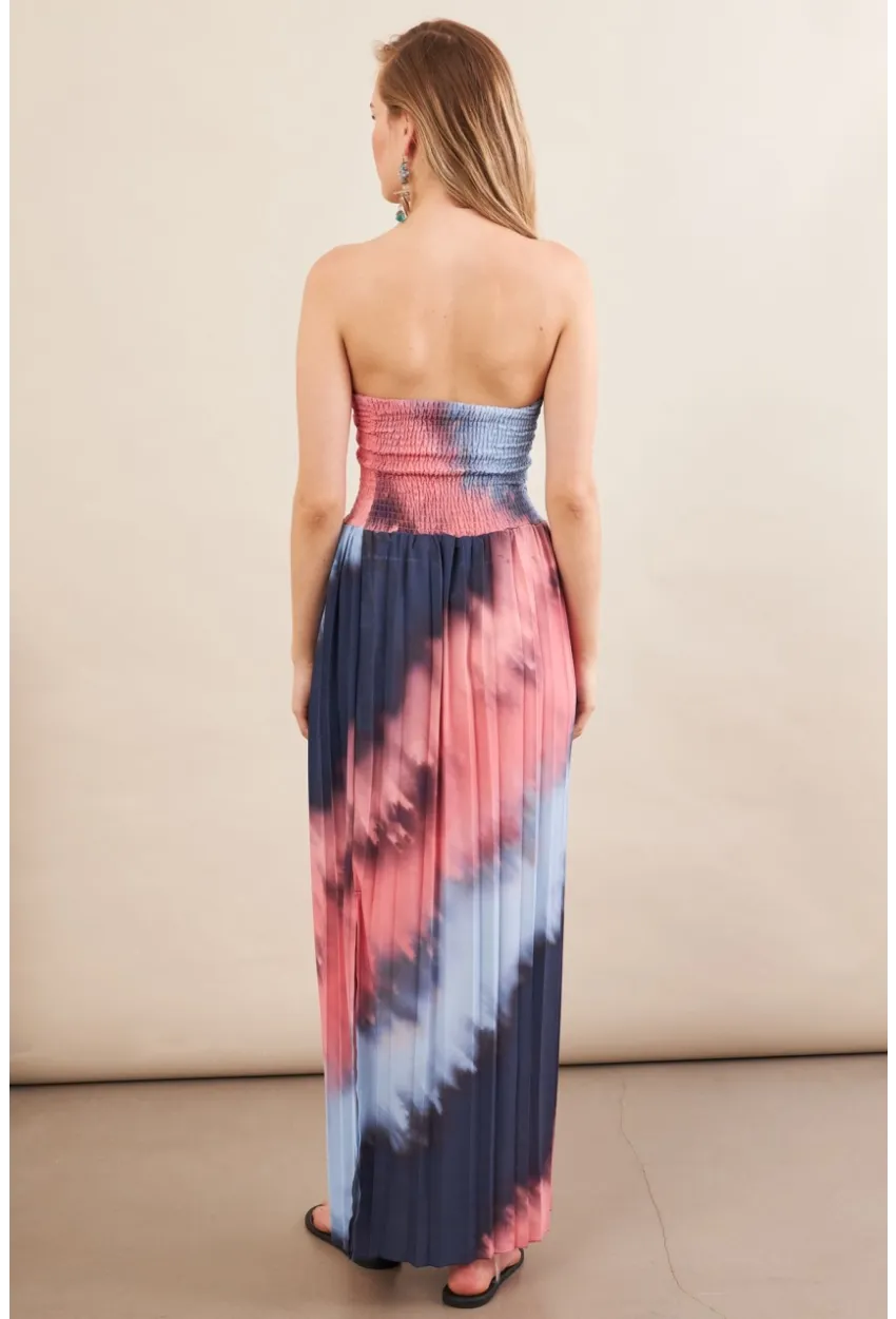 Kadın İndigo-Pudra Straplez Pilise Uzun Elbise MSİ100