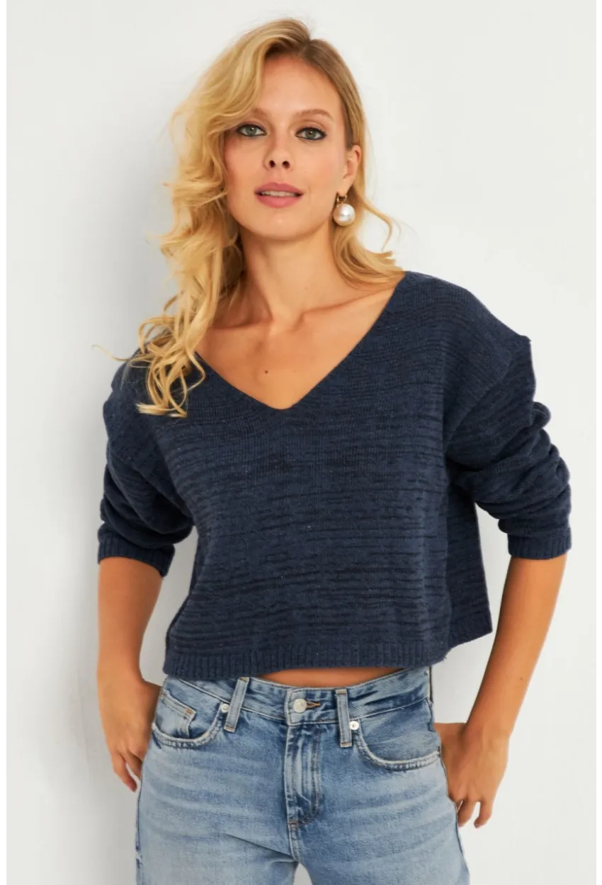 Kadın İndigo Salaş Kısa Triko Bluz YV281