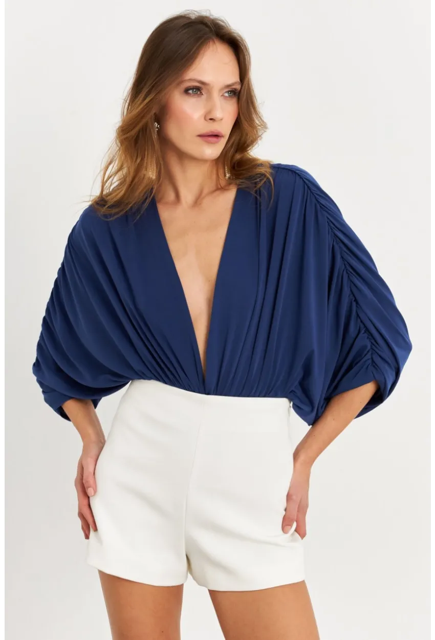 Kadın İndigo Sırt Dekolteli Volanlı V Yaka Body BAR802