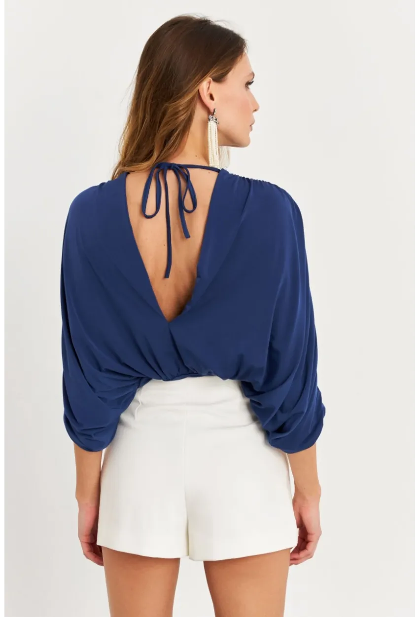 Kadın İndigo Sırt Dekolteli Volanlı V Yaka Body BAR802