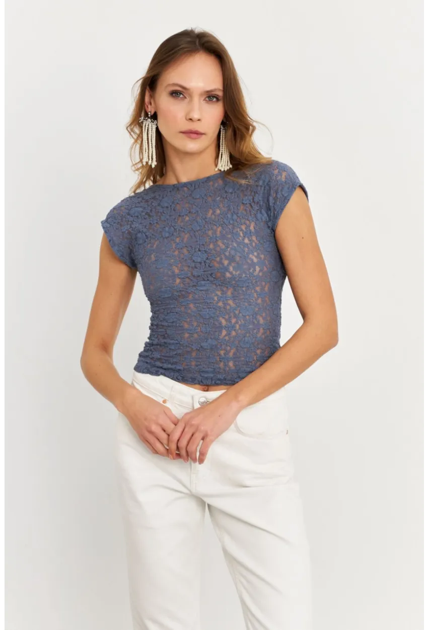 Kadın İndigo Sırtı Açık Dantel Bluz ZH04