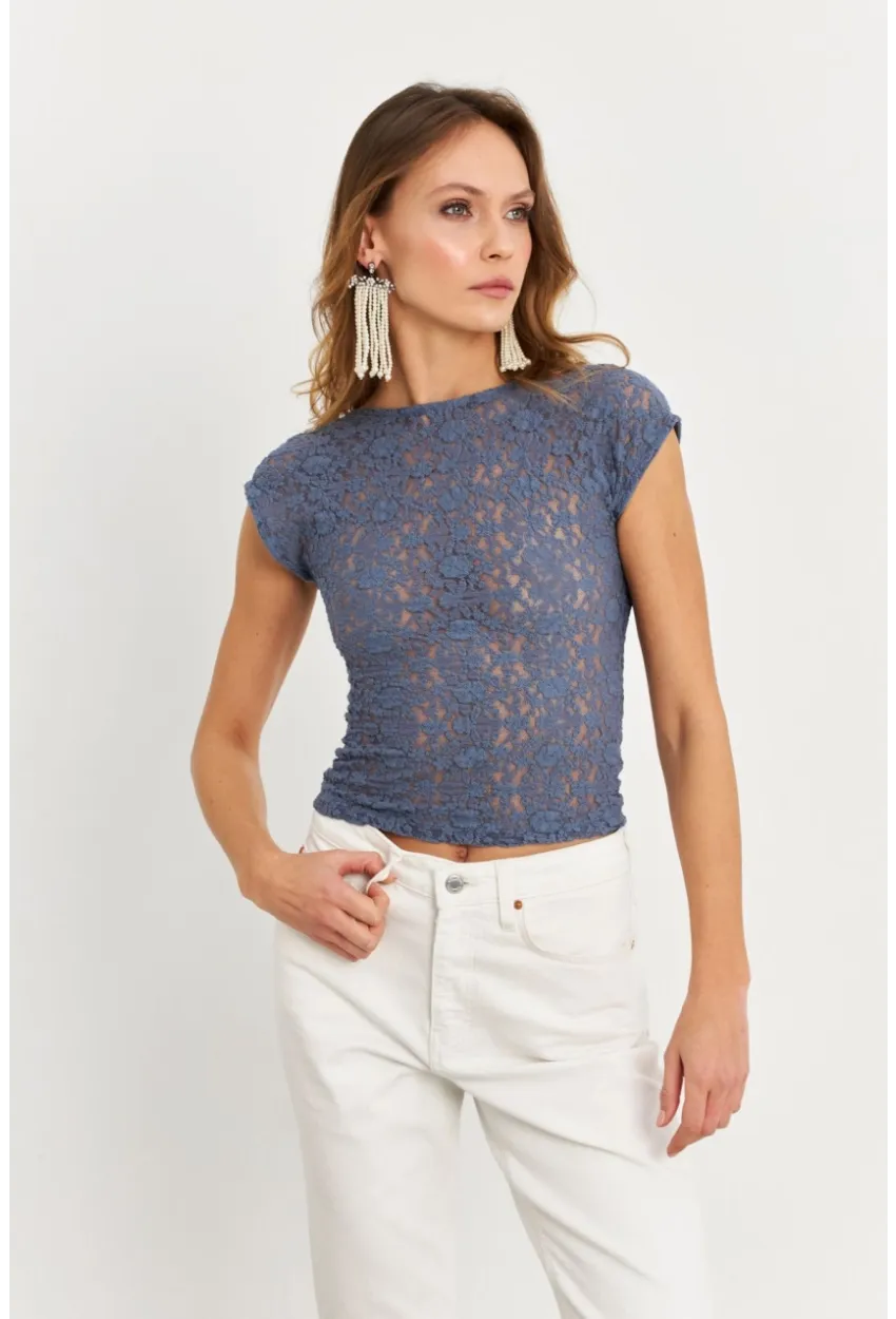 Kadın İndigo Sırtı Açık Dantel Bluz ZH04