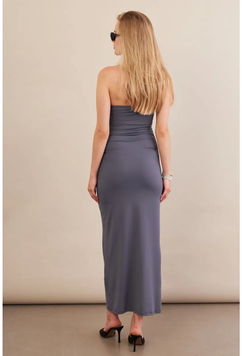 Kadın İndigo Straplez Büzgülü Midi Elbise MX2005
