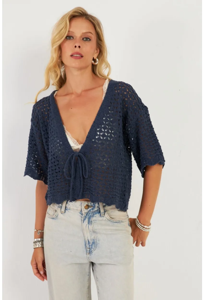 Kadın İndigo Triko Ajurlu Hırka YV255