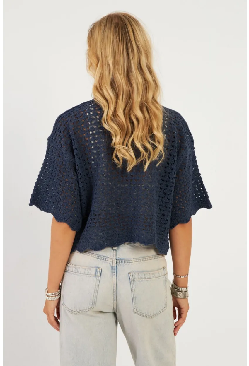 Kadın İndigo Triko Ajurlu Hırka YV255