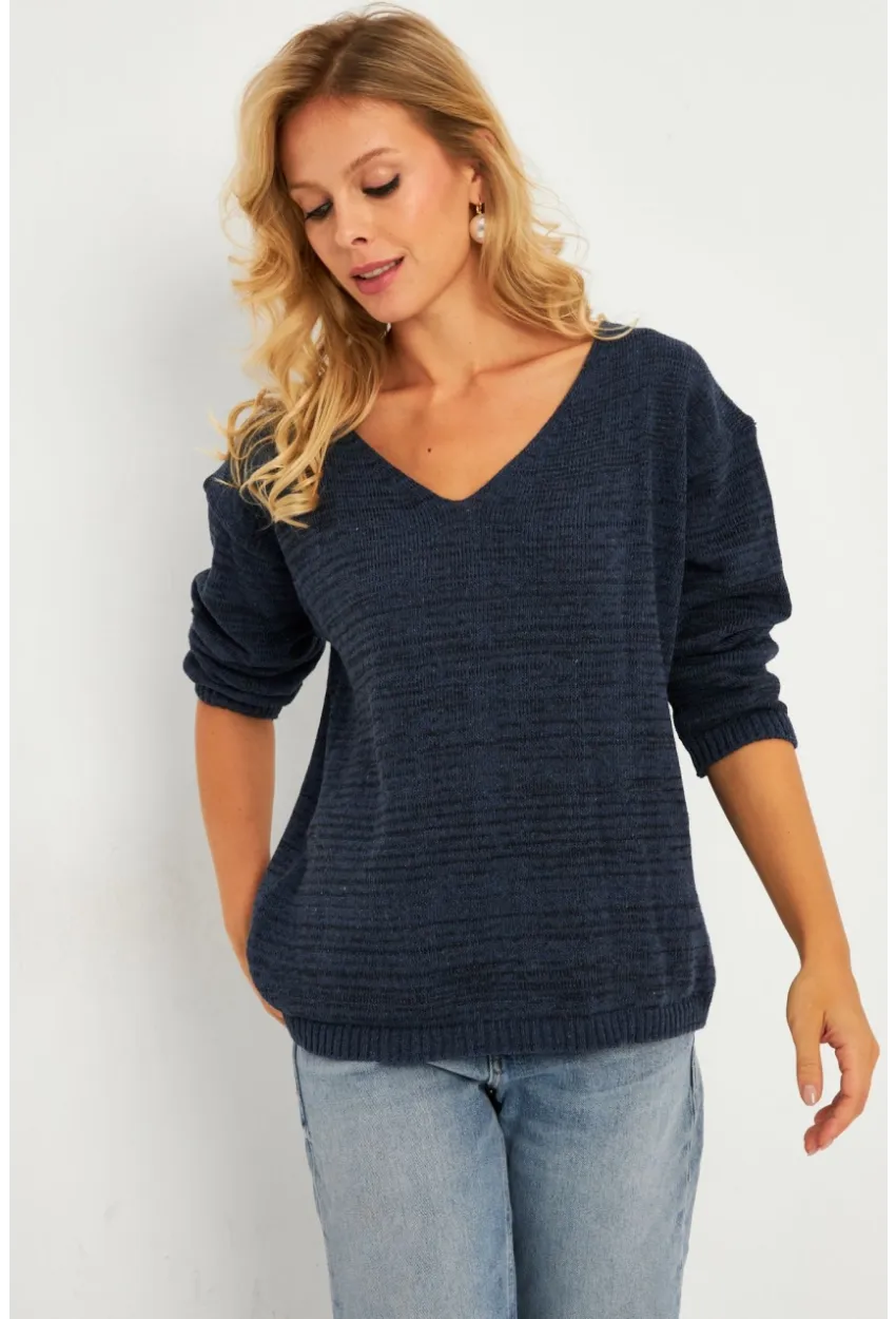 Kadın İndigo V Yaka Triko Bluz YV282