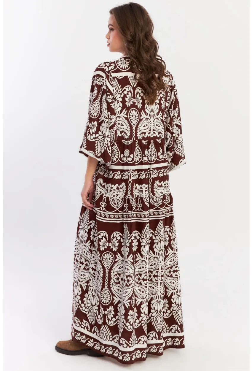 Kadın Kahve-Beyaz Etnik Desenli Maxi Dokuma Elbise ALO325