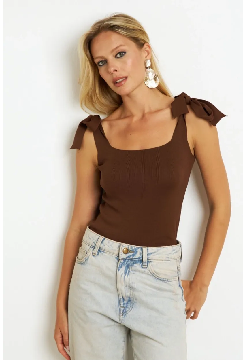 Kadın Kahve-Beyaz İkili Triko Bluz YV271