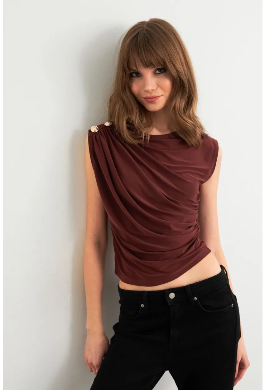Kadın Kahve Düğme Detaylı Büzgülü Bluz LPP1205-1