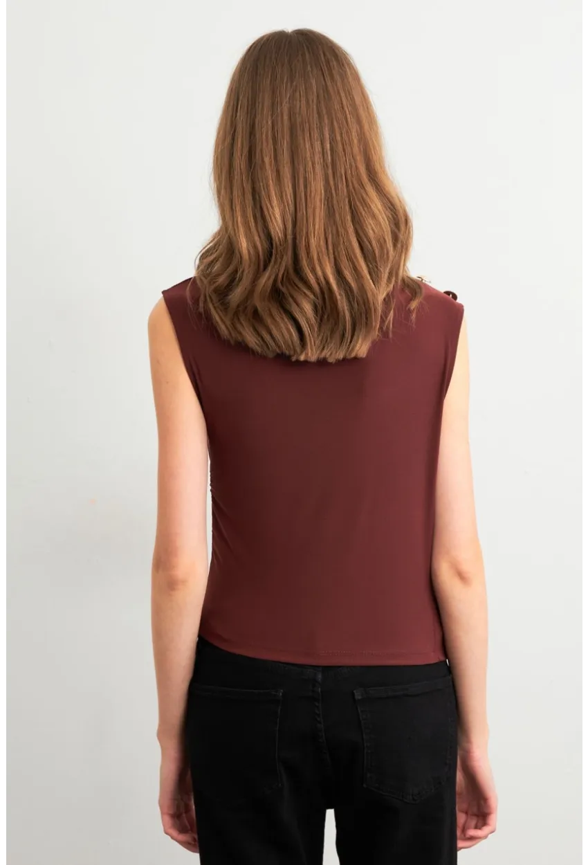 Kadın Kahve Düğme Detaylı Büzgülü Bluz LPP1205-1