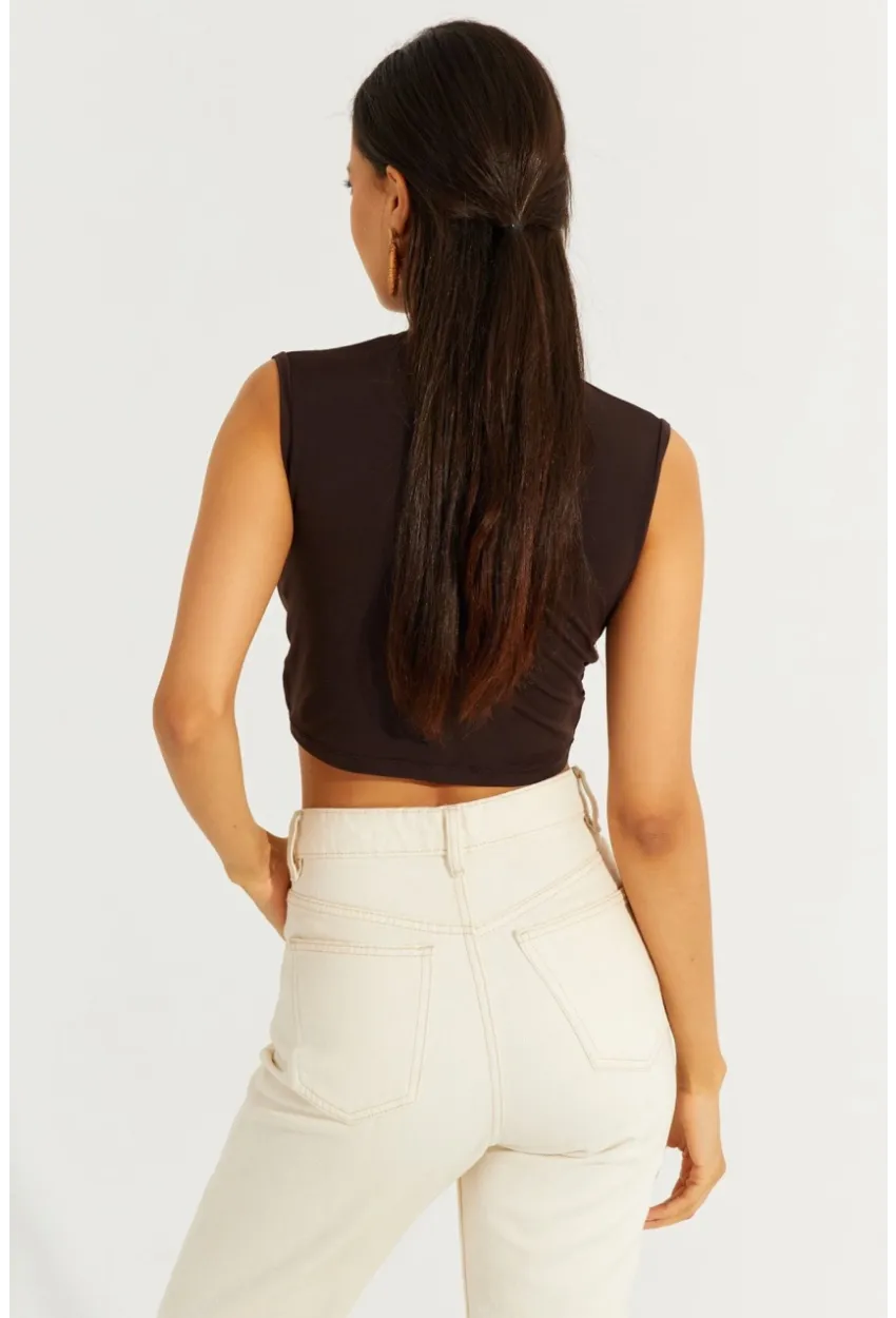 Kadın Kahve Önü Düğümlü Crop Bluz SDY2018