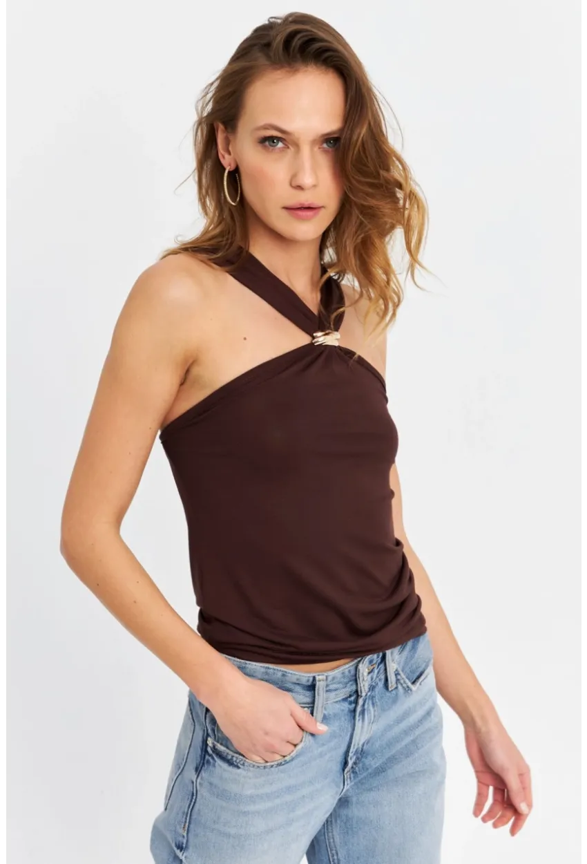 Kadın Kahverengi Aksesuarlı Bluz EY3068