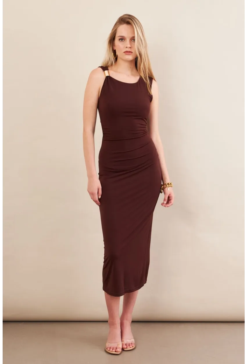 Kadın Kahverengi Aksesuarlı Büzgülü Midi Elbise İRE102