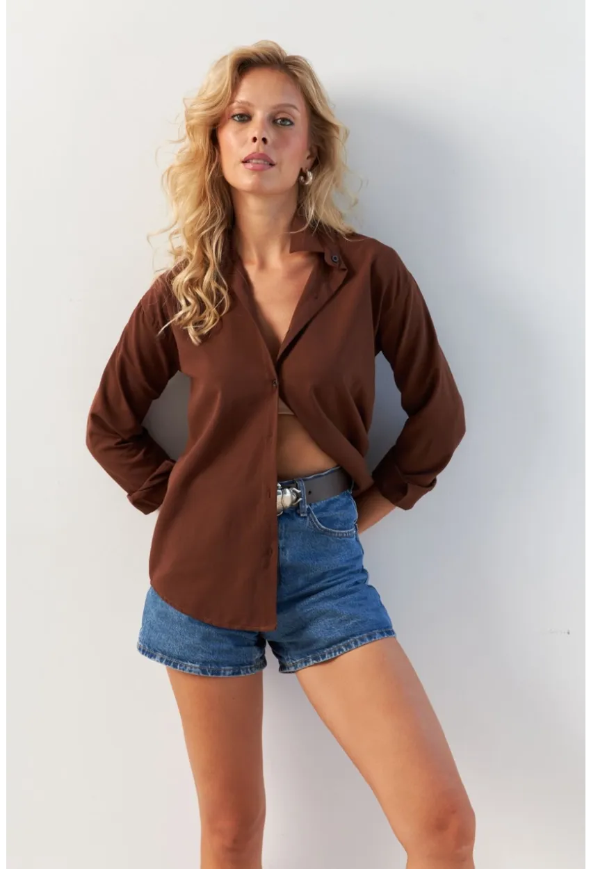 Kadın Kahverengi Basic Gömlek HNT02