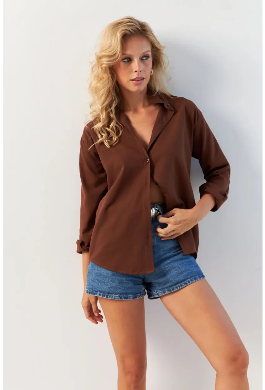 Kadın Kahverengi Basic Gömlek HNT02