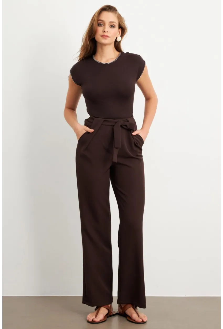 Kadın Kahverengi Beli Lastikli Kuşaklı Pantolon FLU7251