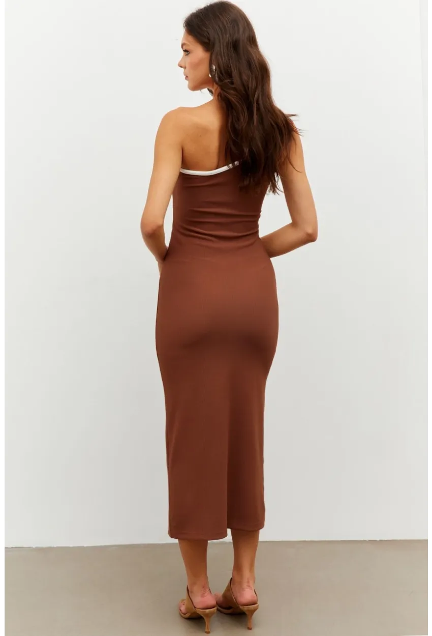 Kadın Kahverengi Biyeli Tek Omuz Yırtmaçlı Midi Elbise RMZ21041