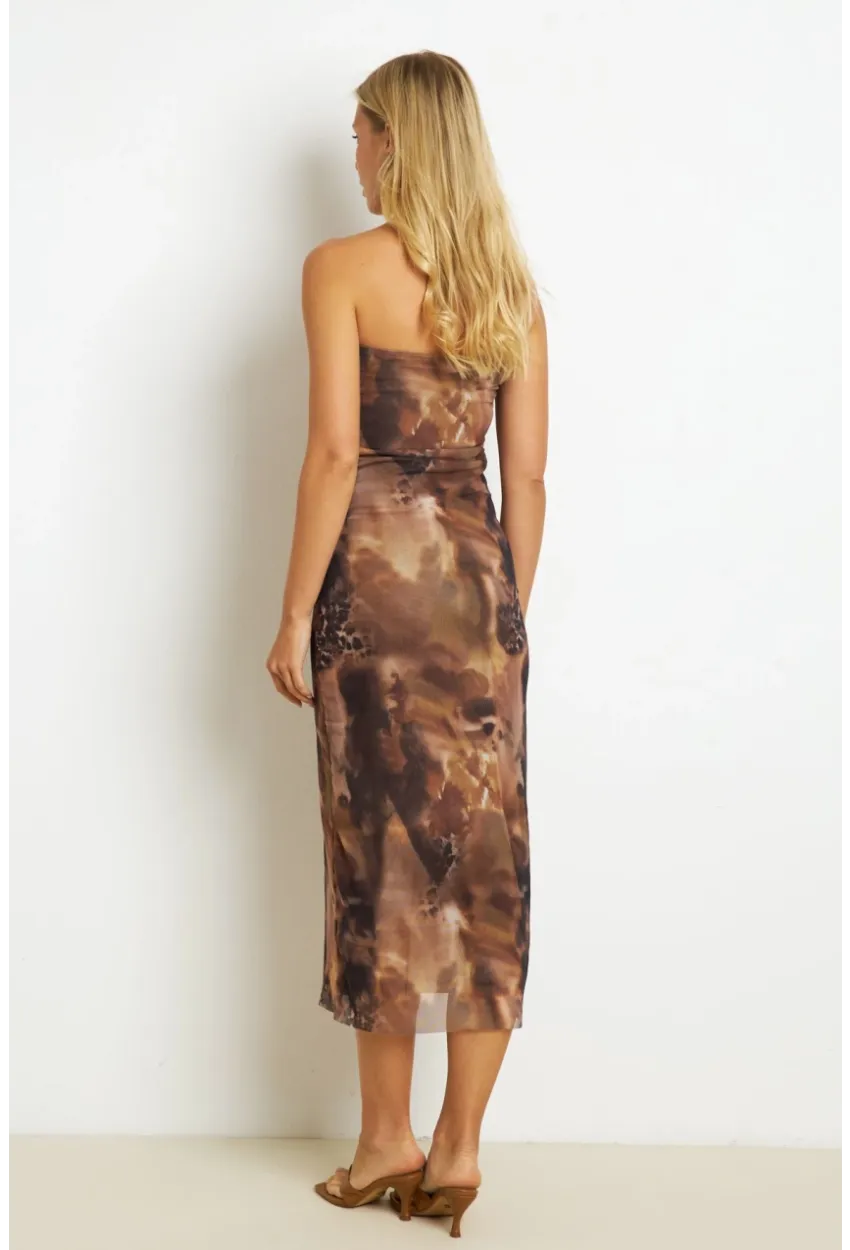 Kadın Kahverengi Büzgülü Astarlı Tül Midi Elbise YEL89