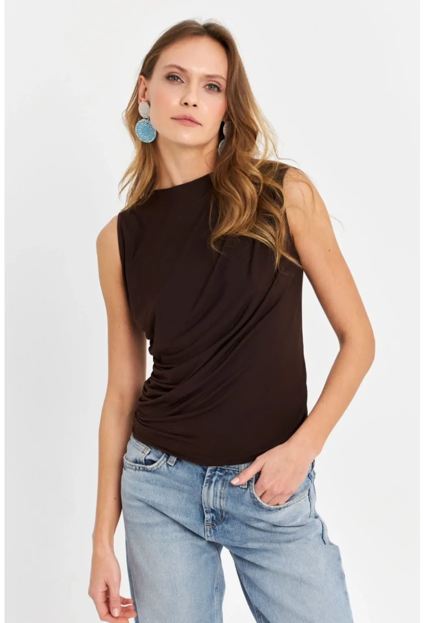 Kadın Kahverengi Büzgülü Bluz YZ625
