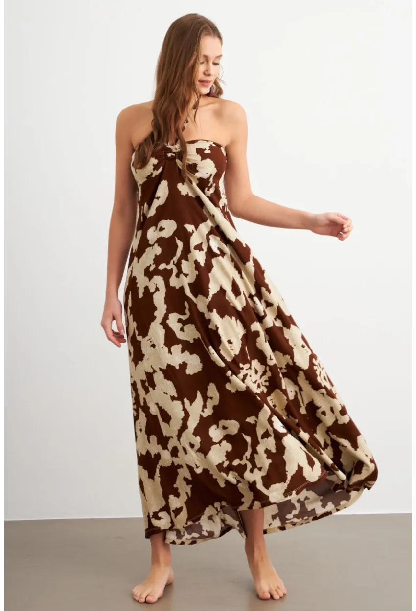 Kadın Kahverengi Büzgülü Desenli Midi Elbise KAB304