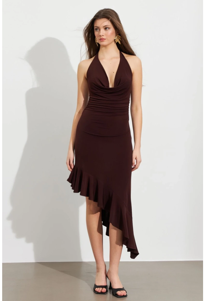 Kadın Kahverengi Degaje Asimetrik Midi Elbise İRE1436